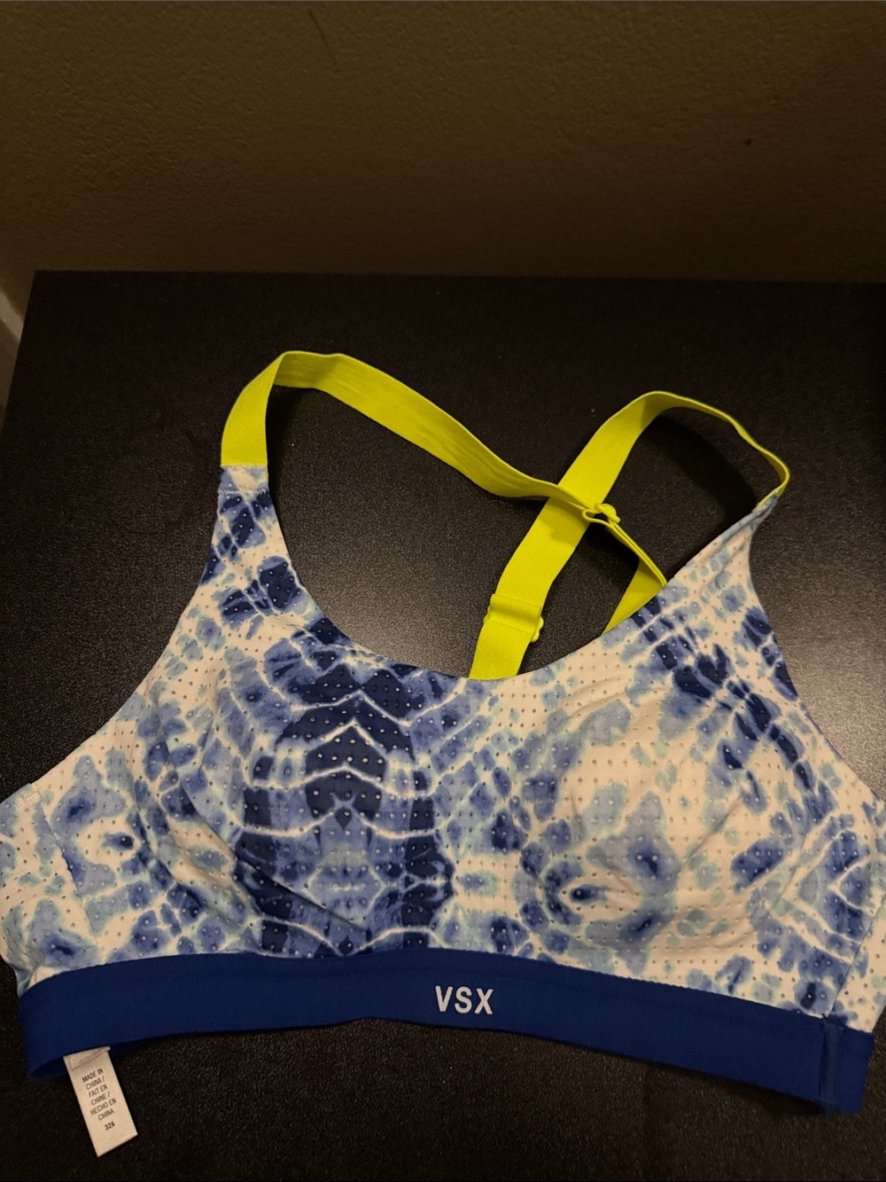 Victoria's Secret Blue Tie-Dye Sports Bra with Neon Yellow Straps